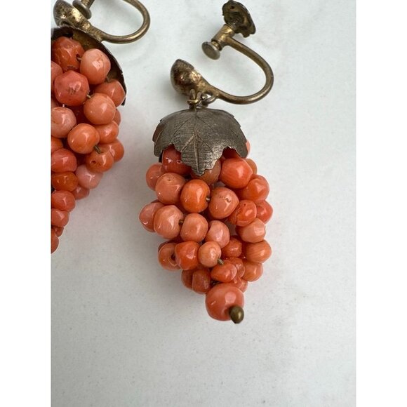 Antique Victorian Red Coral Grape Cluster Earrings Dangling Screw Back Jewelry - Picture 2 of 7